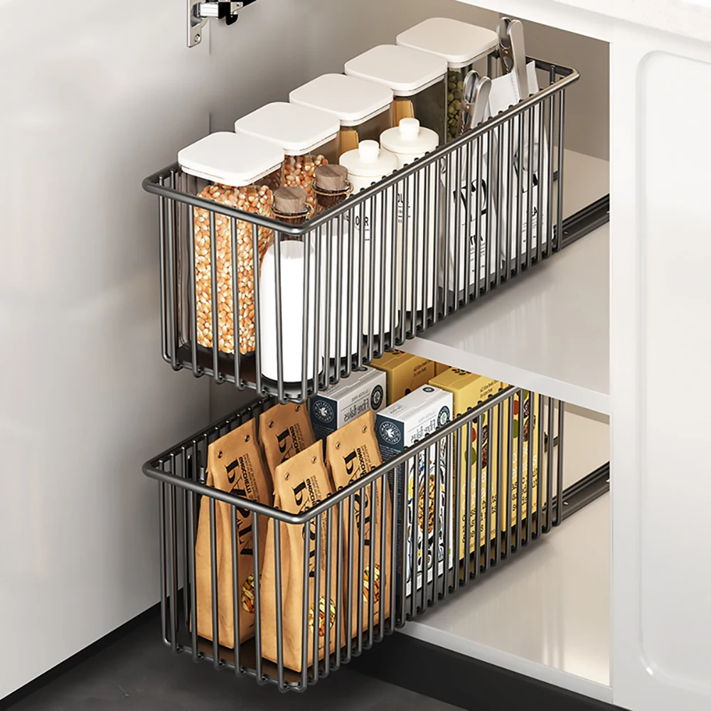 Ausziehbarer Schrankorganizer, 2er-Pack, Hochleistungs-Kohlenstoffstahl-Schubladen, Multifunktionale Schiebe-Regale für die Organisation von Küchenschränken.