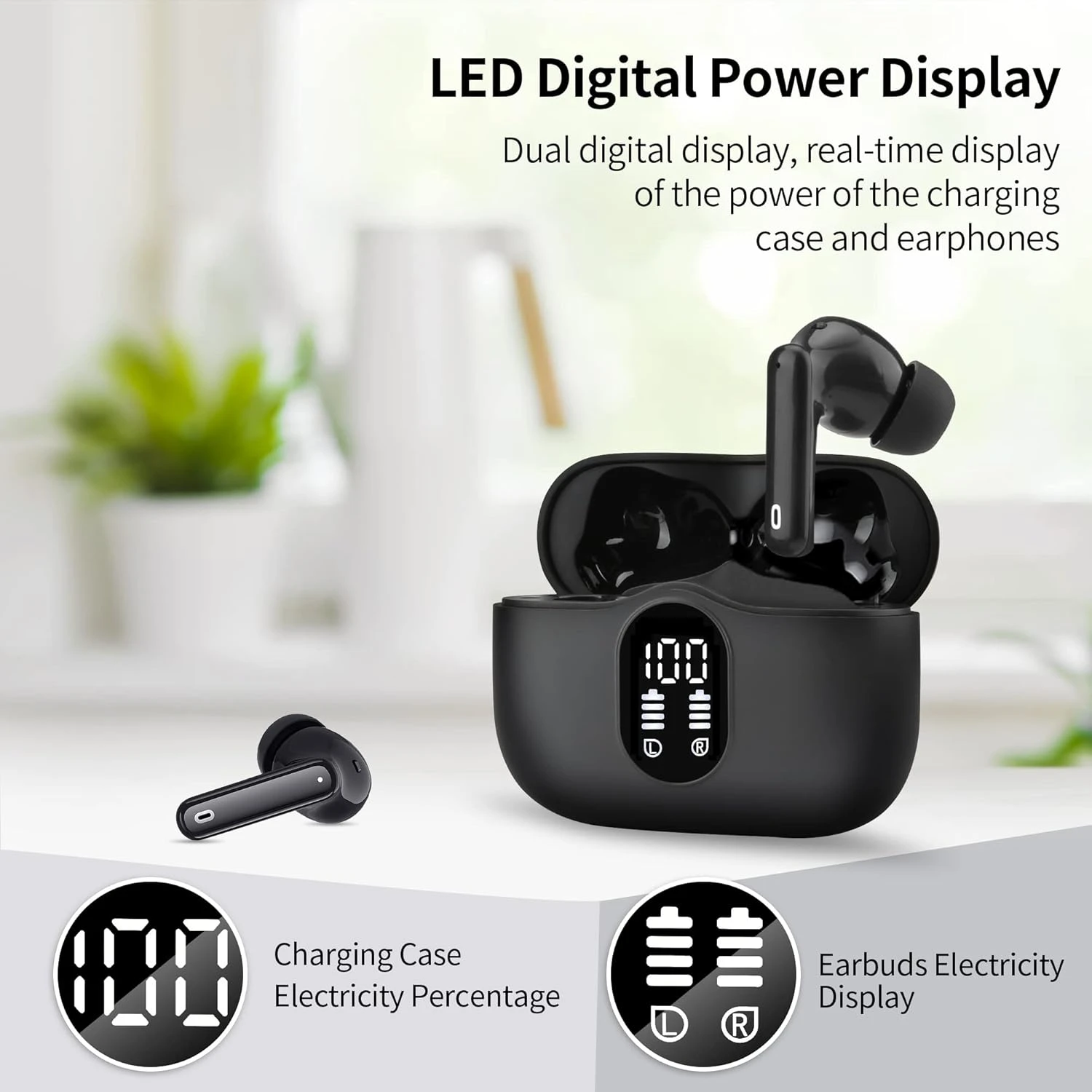 Earbuds Wireless Bluetooth 5. Headphones Ear Buds Active Noise Cancelling Earbuds Hi-Fi Stereo LED Power Display Earphones with 