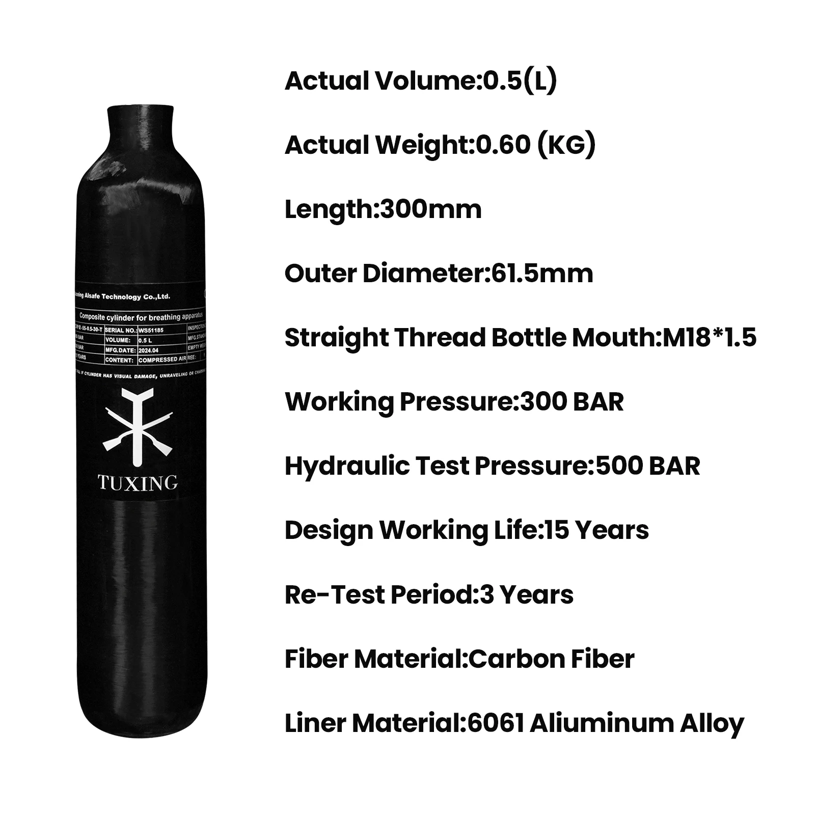 Imagem -06 - Tuxing-fibra de Carbono Cilindro Tanque de ar o Hpa Garrafa Cilindro de Mergulho M18 1.5 300bar 4500psi 500cc 0.5l de Alta Pressã