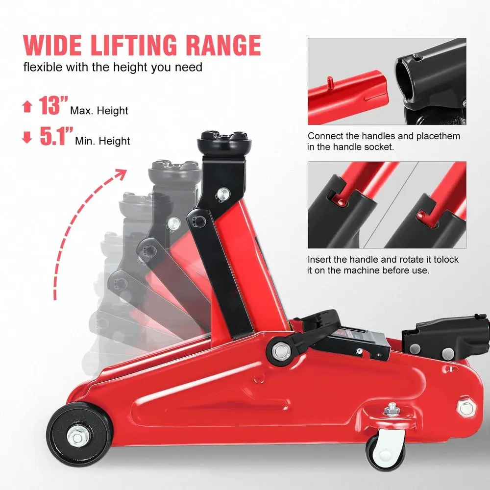Cric trolley idraulico a basso profilo da 2 tonnellate, capacità di 4000 libbre, cric di sollevamento per auto in acciaio, portata 5,1-13, rosso