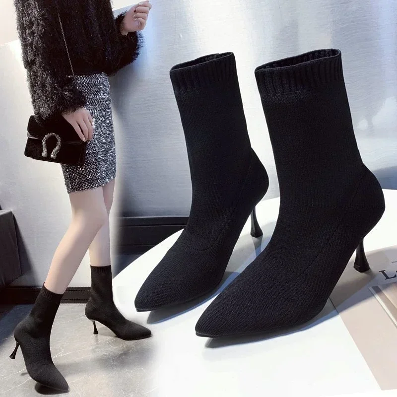 

Pop Socks Boots Women Stretch Fabric Elastic Stilettos Heel Sexy Pointed Toe Ankle Boots Shoes Woman Thin Heels Party Shoes
