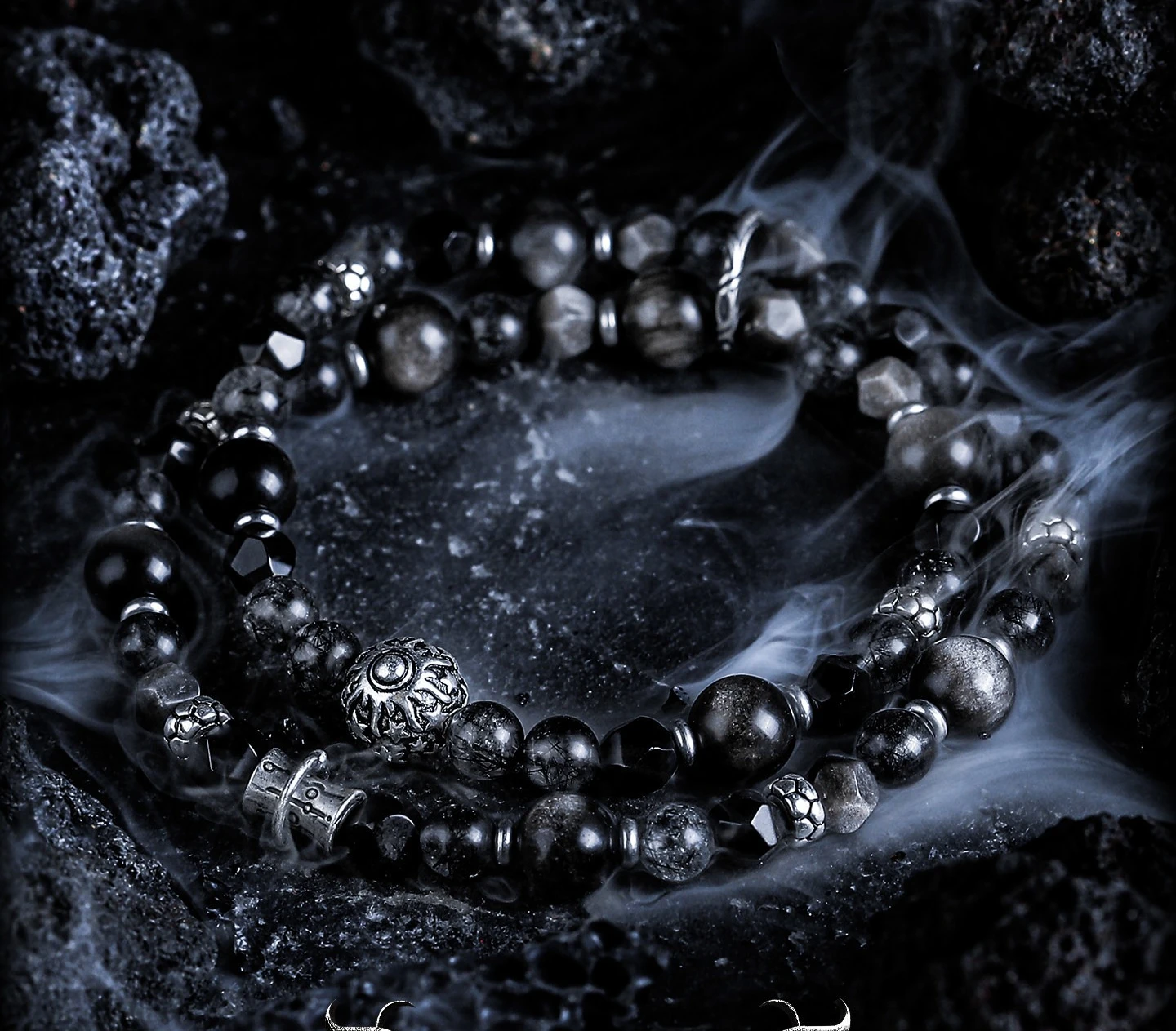 [Xinghui] Silver Obsidian Bracelet Men's Retro Black Hair Crystal Bracelet Double Ring