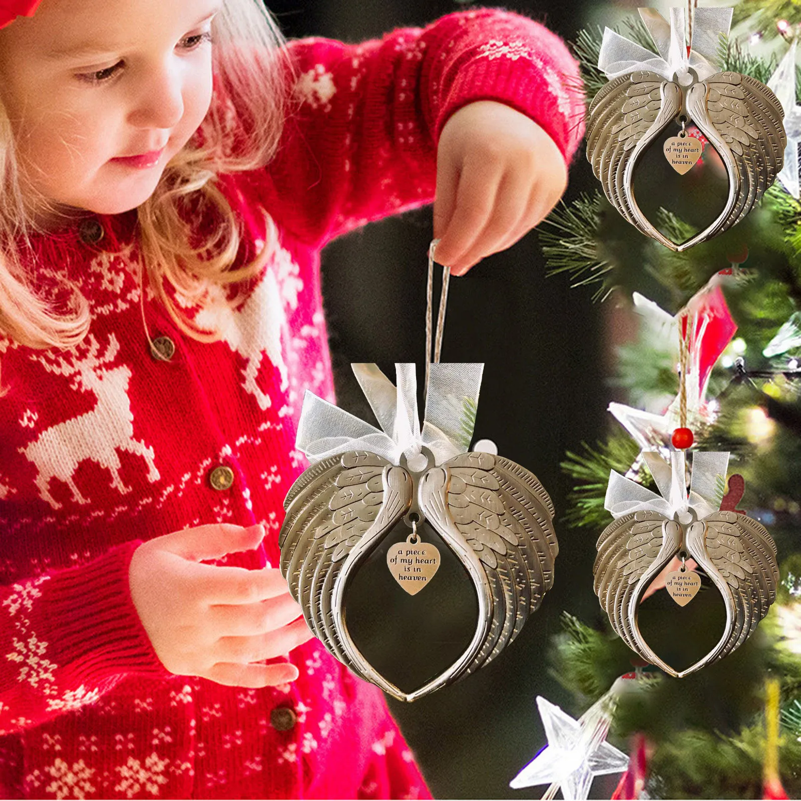 My Heart Is In Heaven Angel Wing Ornament Christmas Tree Pendant Household Festival Party Decorations Xmas Memorial Pendants