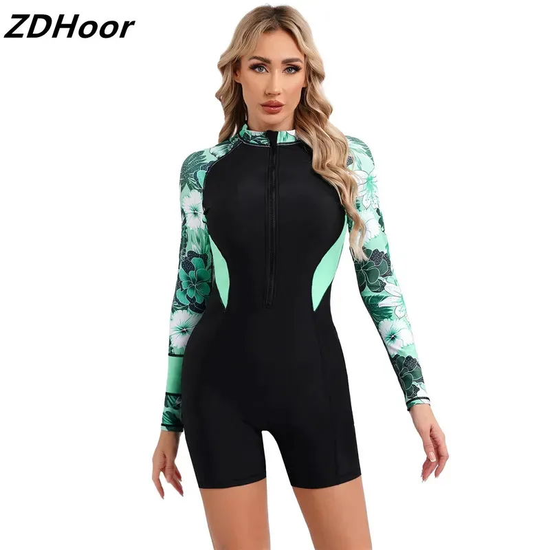 

Women Floral Print Athletic Swimsuit Long Sleeve Boyleg Zipper Swimwear UPF 50+ Rash Guard Beach Surfing Wetsuit Bathing Suit