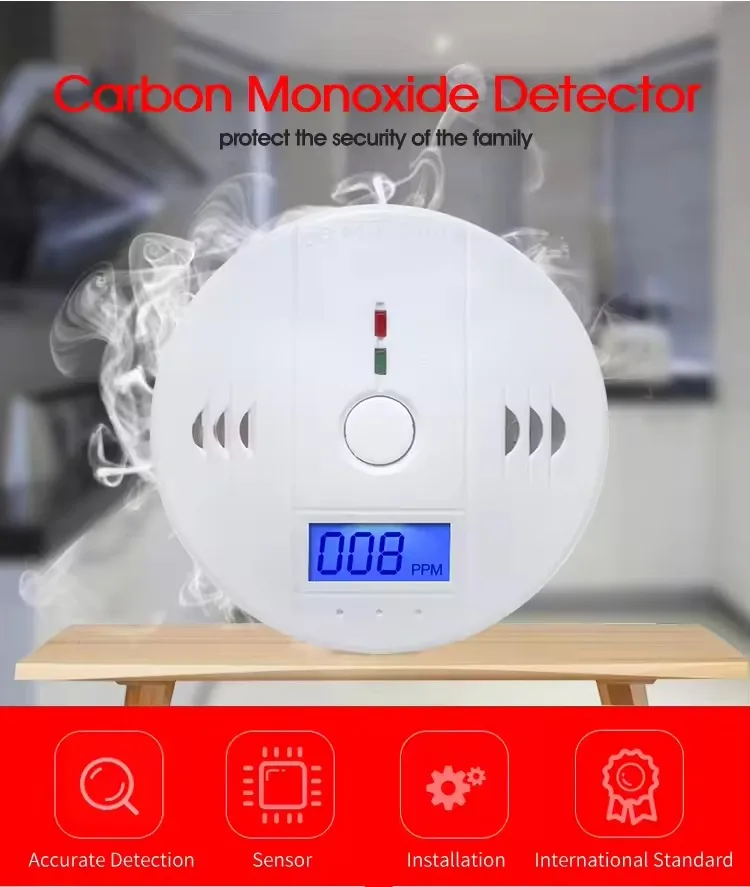 

Independent CO Alarm Sensor Carbon Monoxide Alarm Detector 85dB High Sensitive Warning LCD Photoelectric Display for Home Hotel