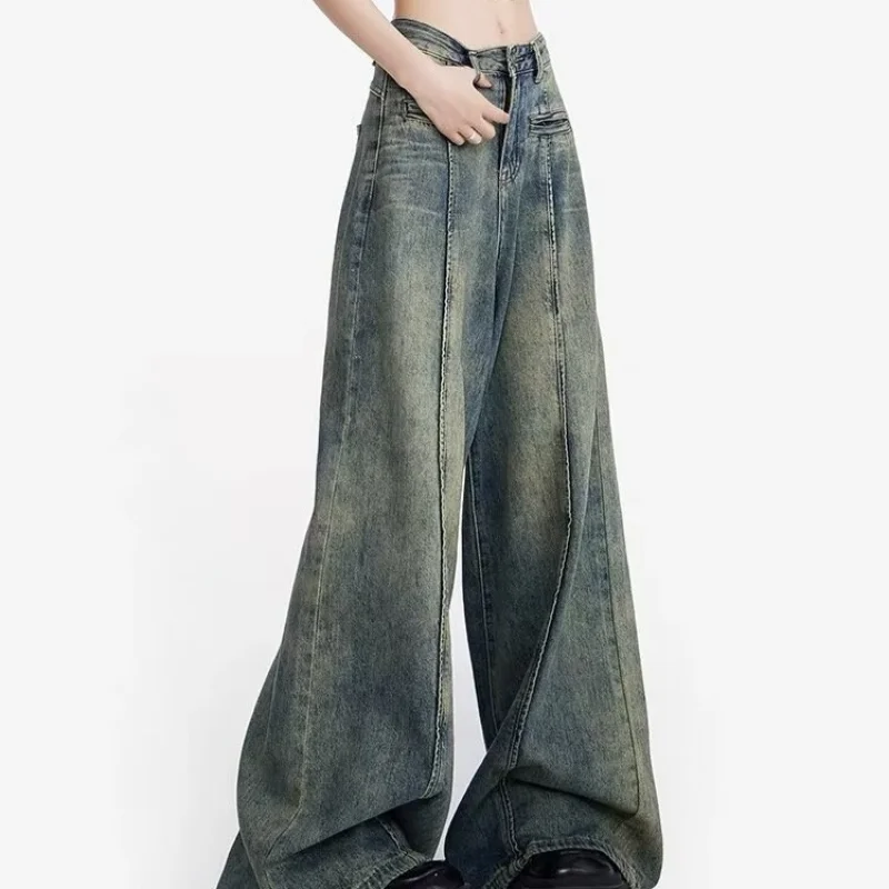 American Y2K Retro Yellow Mud Denim Jeans for Women's New Fashion Design Sense Straight Leg Wide Leg Floor Length Pants