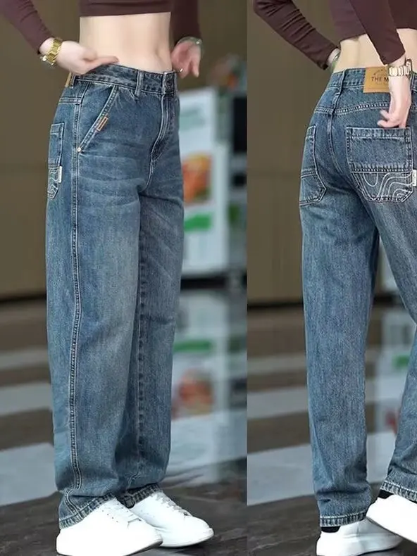 

Американские винтажные прямые джинсы, мужские осенне-зимние новые модные свободные длинные брюки большого размера с высокой талией