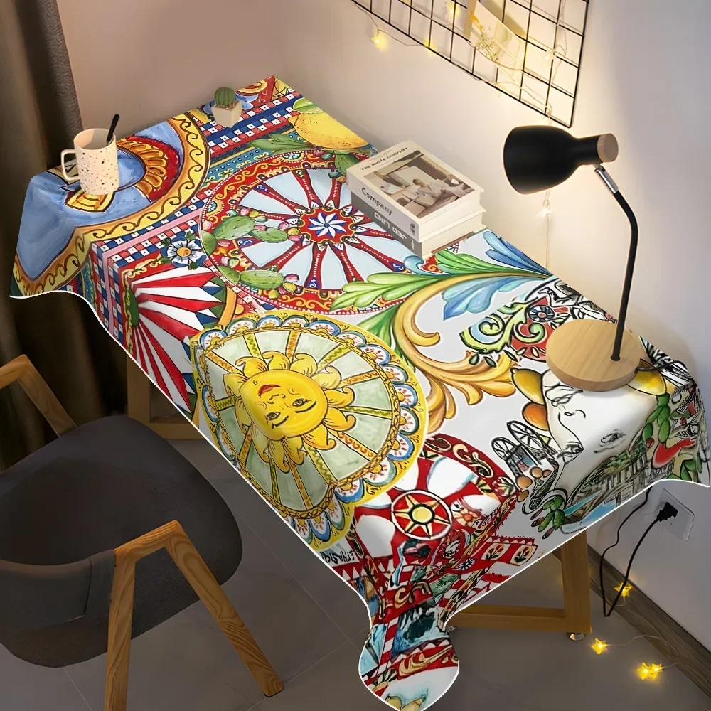 1pc Sicilian-style colorful traditional pattern rectangular tablecloth suitable for all seasonsyzb