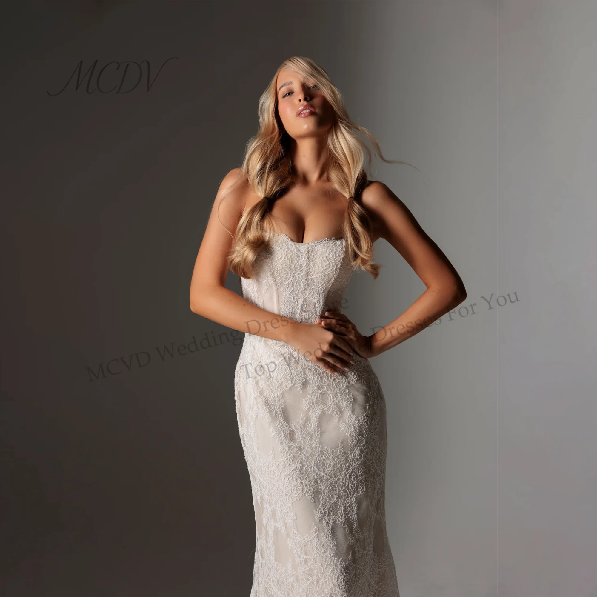 Lace Strapless Bride Dresses Mermaid Applique Vintage Wedding Dress Sweep Train vestidos de novia corte sirena Customized