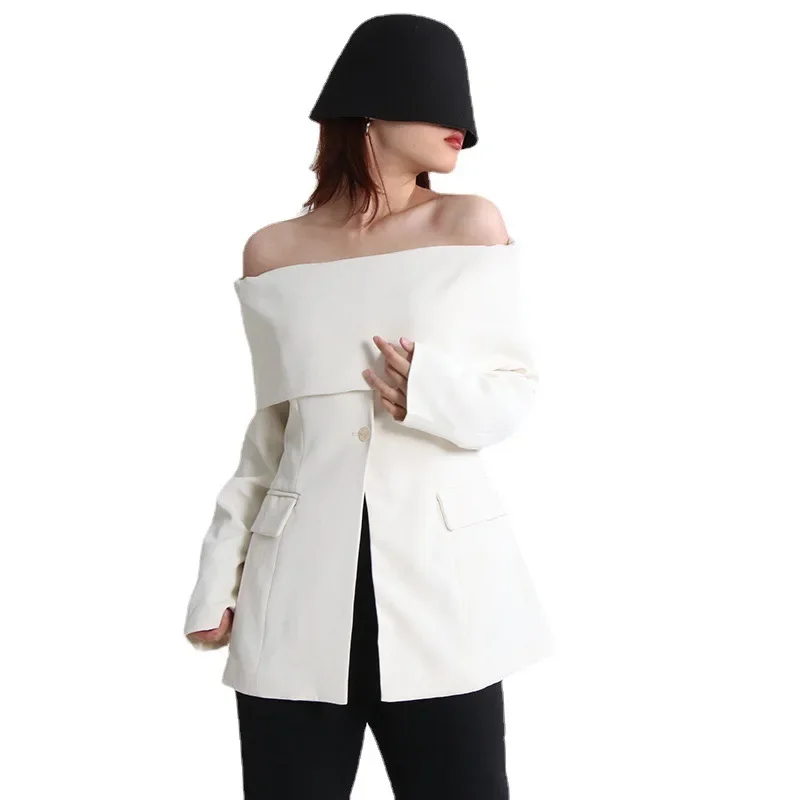 One-line Neck Off-the-shoulder Small Suit Woman Spring and Autumn New Fashion Design Sense Long-sleeved Texture Suit Jacket