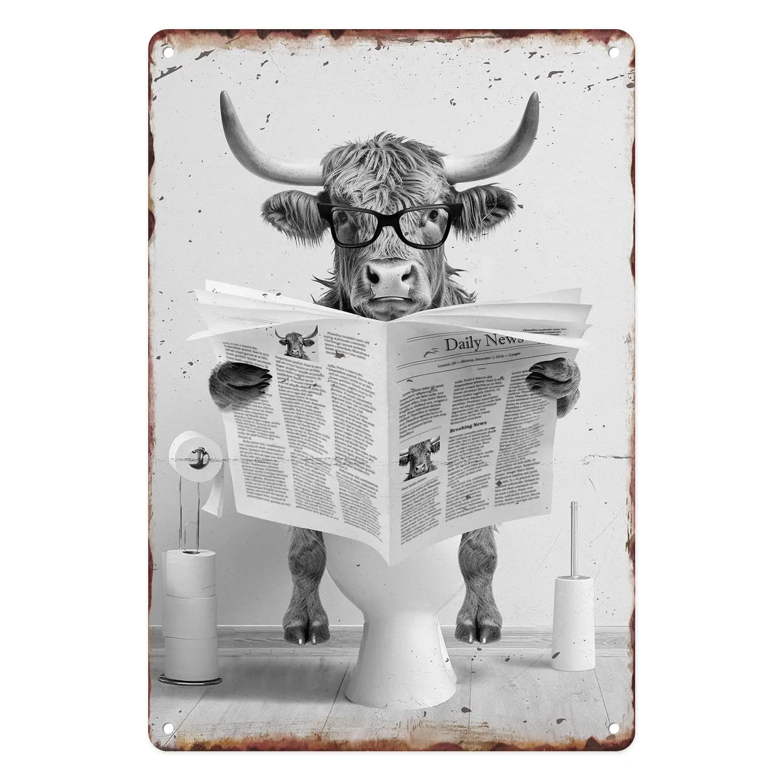 Vintage Metal Sign  , Cow Reading Newspaper Funny Tin Sign Wall Art Decor For Home, Bathroom, Toilet Decoration
