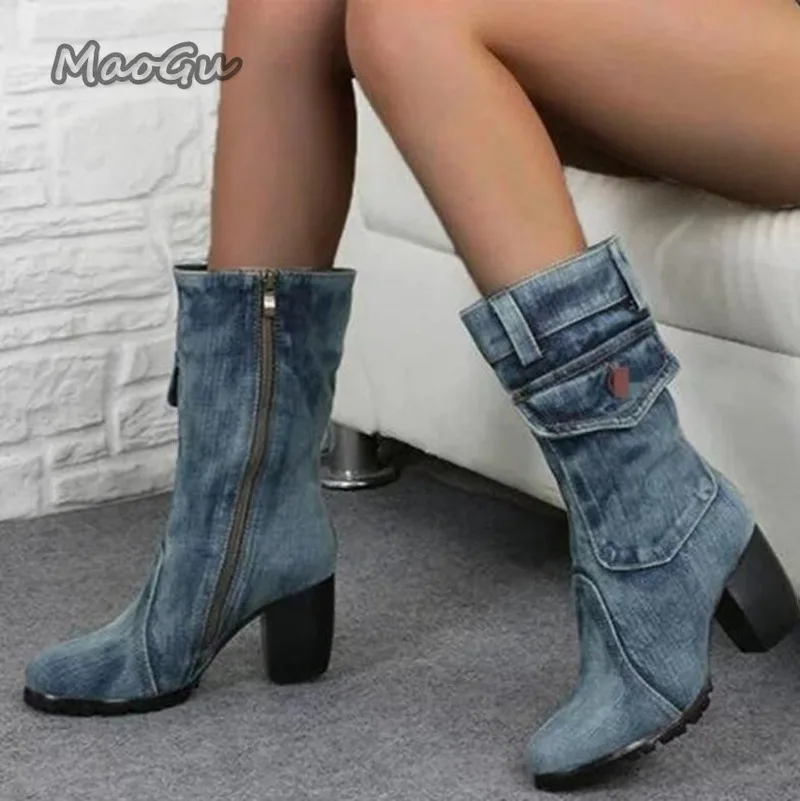 

Women's Denim Mid-Calf Boots Pocket Decor Chunky Block Heel Ankle Boots Retro Western Style Casual Fashion Botas Mujer Size35-43