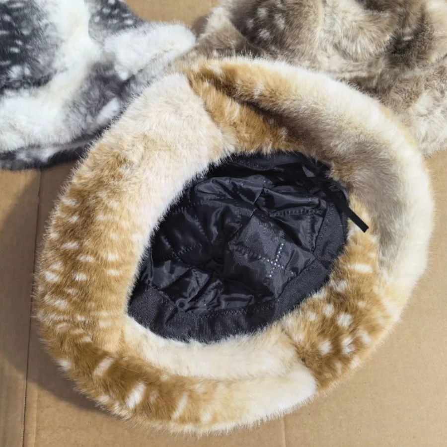 Retro Fluffy Faux Fur Plush Deer-Spot Pattern Bucket Hat for Women, Street Fashion Outdoor Thick Warm Fisherman Hat