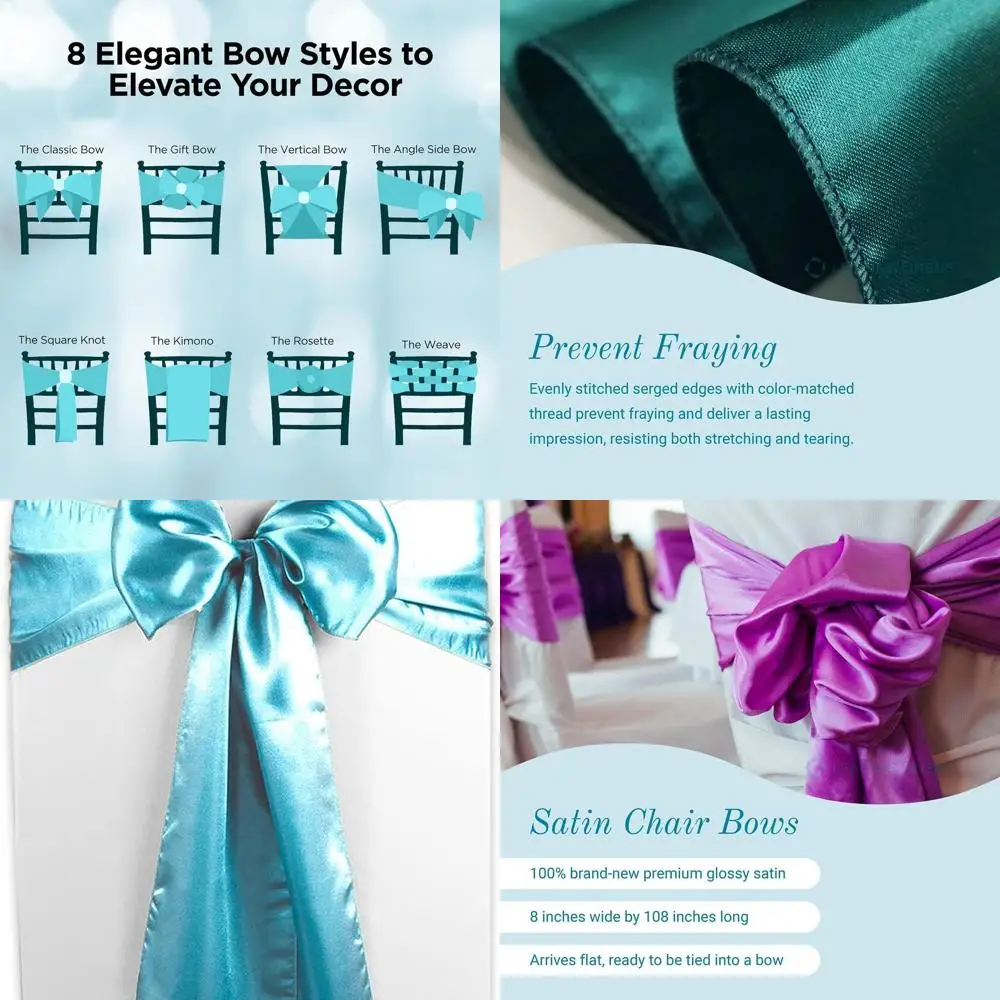 

Turquoise Satin Sash Chair Covers - 100-Pack for Weddings, Banquets, and Special Events in 28 Colors