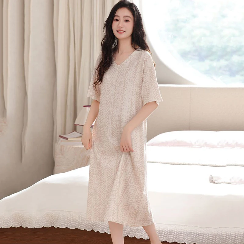 

2026 Summer Short Sleeve V-neck 100% Cotton Print Nightgowns for Women Korean Loose Sleepwear Night Dress Nightdress Home Nighty