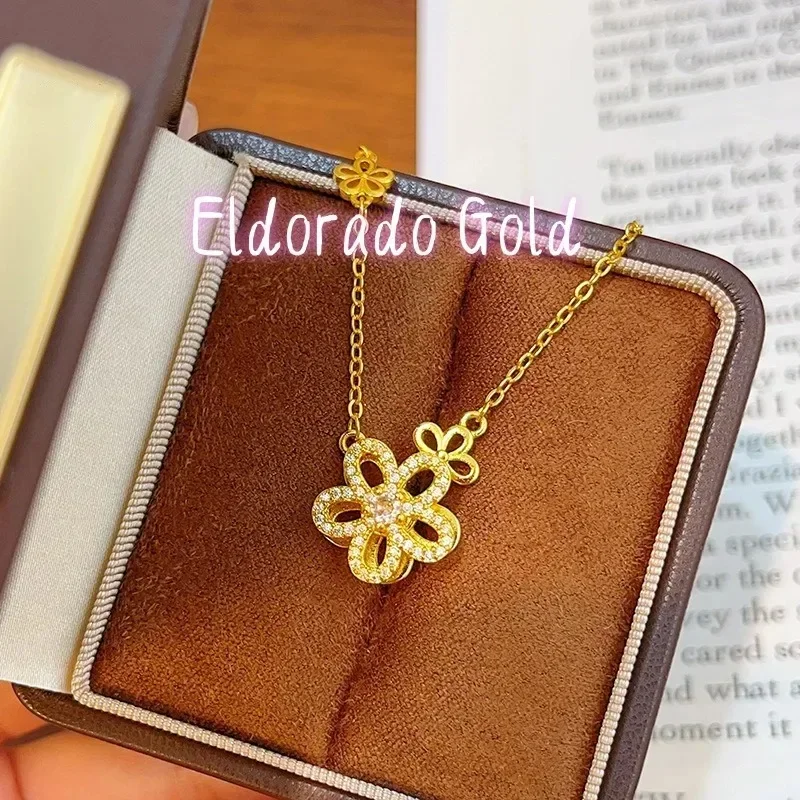 Eldorado Gold  Eldorado Gold  Eldorado Eldorado Luxury 24K 9999 Pure Real Gold Hollow Five-petal Flower Pendant Rotating Cherry