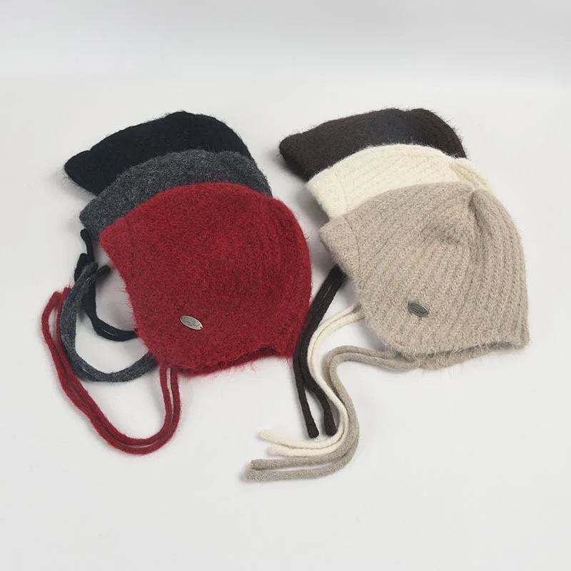 Herfst Winter Warm Lace-up Gebreide Draad Koude Muts Zachte Wasachtige Leuke Japanse Veelzijdige Oorbeschermer Wol Vliegende Hoed Vrouwen