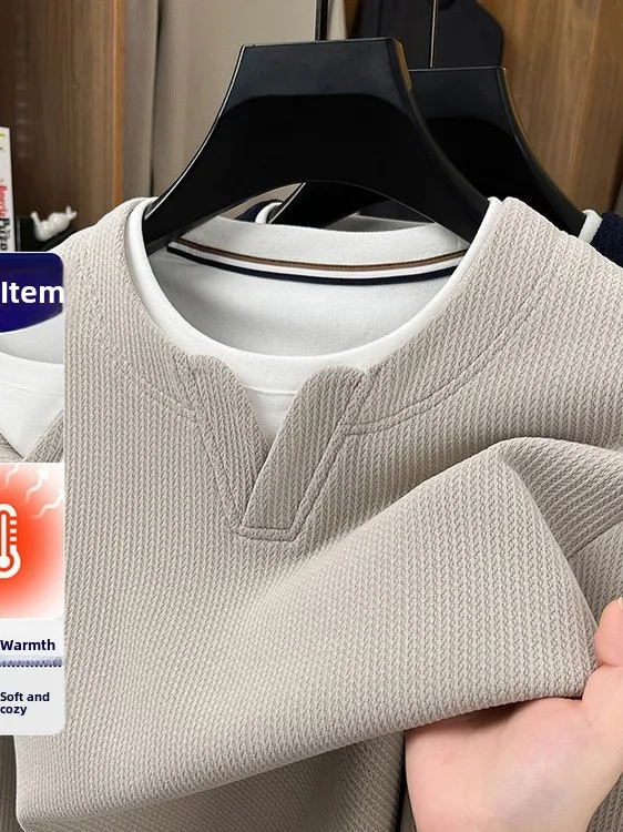 

Loose Fit Silk Blend V-Ne Knit Sweater Fake Two-Piece Casual Sle Men's Faion Urban Wear Autumn Warm Base Layer Sweater