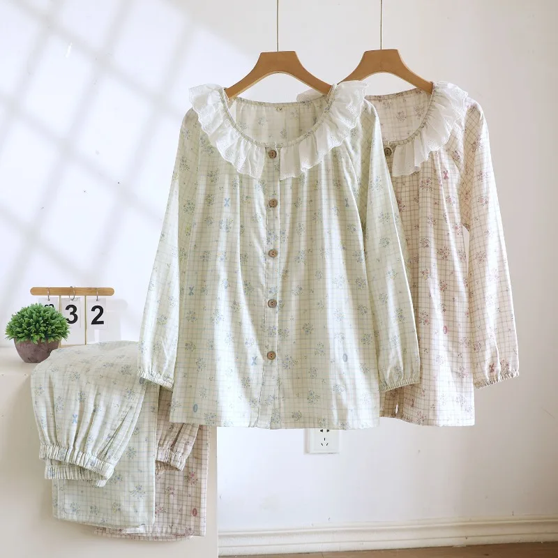 

2025 New Spring and Autumn Women's Pajama Set 100% Cotton Gauze Plaid Floral Long Sleeve Cute Doll Collar Home Furnishing Set