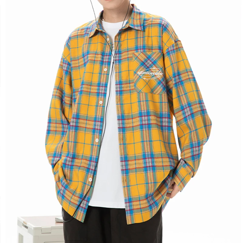 

Autumn Men's Casual Pocket Plaid Shirt Fashion Vintage Loose Long-Sleeved Shirts Handsome Harajuku Couples Cozy All-match Shirt