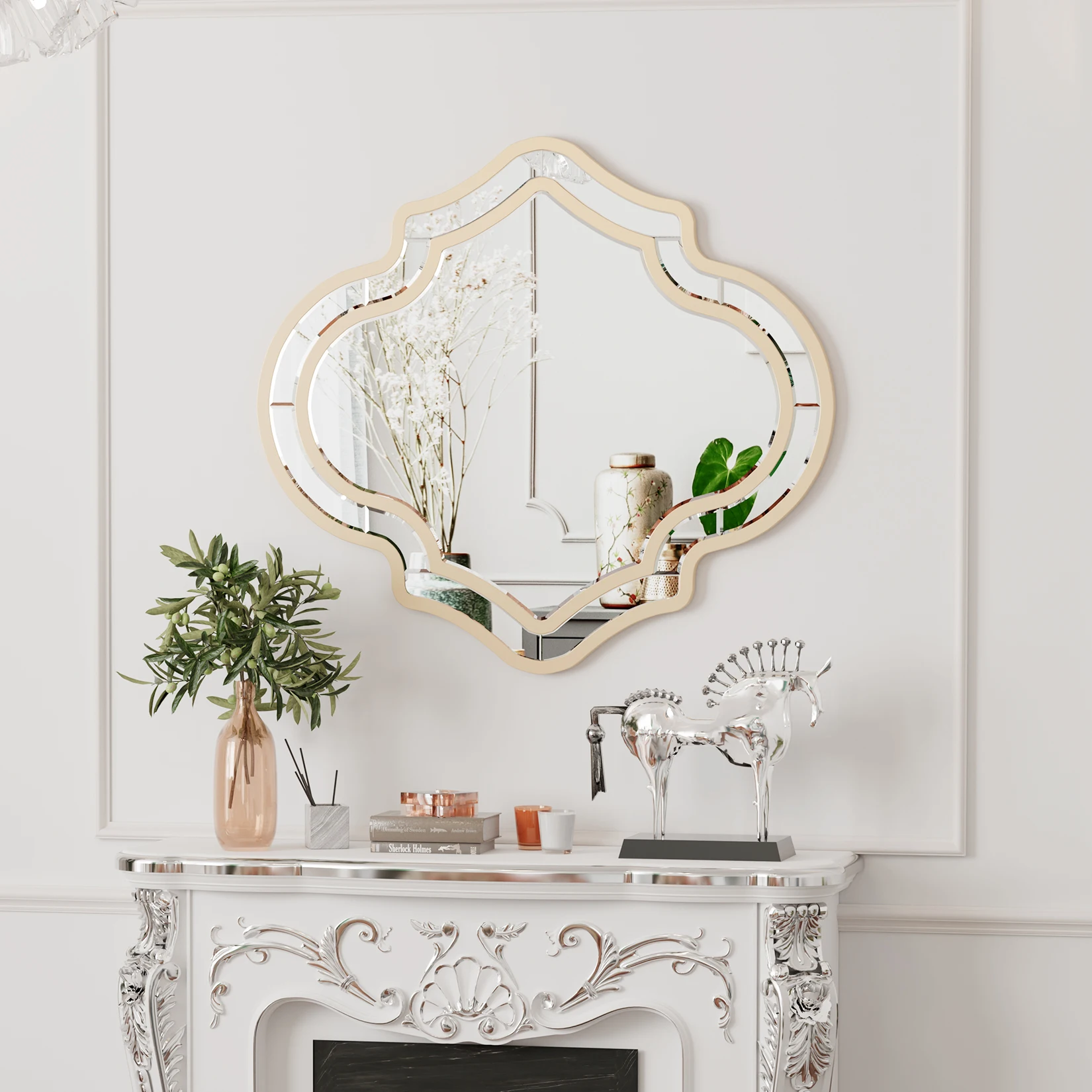 Large Mirror for Decor, Gold Decorative Mirror with Beveled Glass Wood Frame, Rectangular Irregular Wall Decor for Living Room