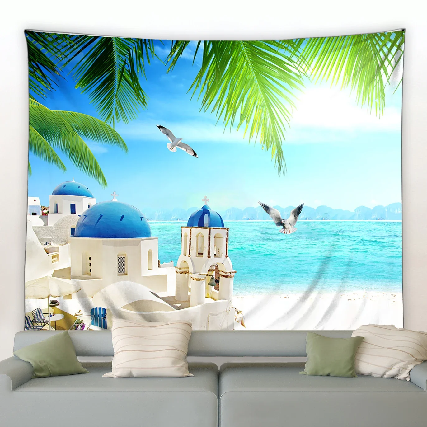 Palm Leaves Beach Landscape Tapestry Blue White Building Island Bird Flowers Plant Nature Scenery Home Garden Decor Wall Hanging