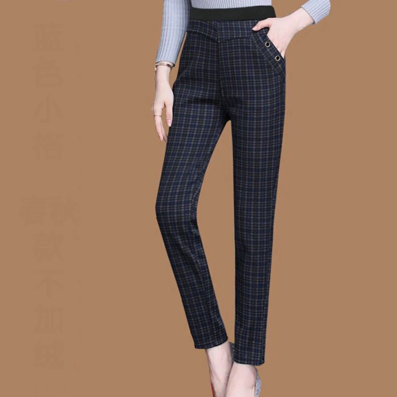 2022 Autumn Winter Plush Thick Warm Elegant High Waist Office Ladies Trousers Women Plaid Print Slim Pants Pantalones Mujer 4XL