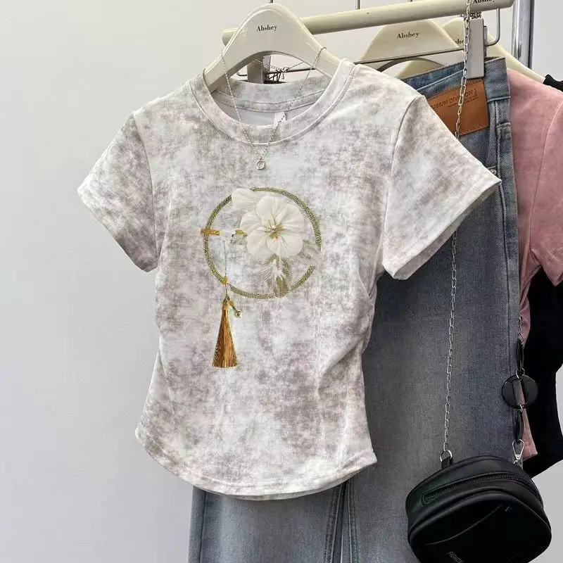 New Chinese style flower Print Vintage T Shirts Women Clothes Harajuku O-neck Short Sleeve Black Crop Top Casual Korean Fashion