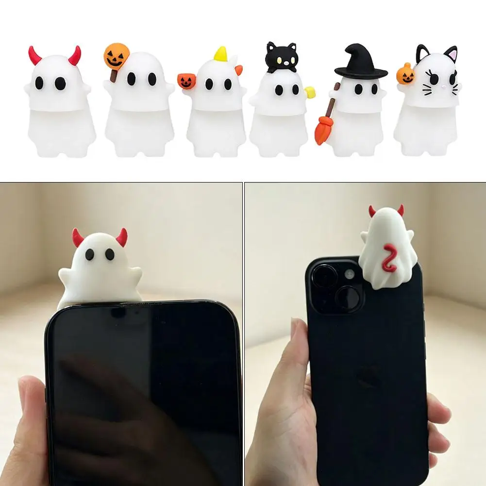 Halloween Ghostees Mystery Phone Buddys 6 Pack Cute Ghost Figure Phone Top Ornament, Kawaii Cartoon Ghost Phone Decor Gift