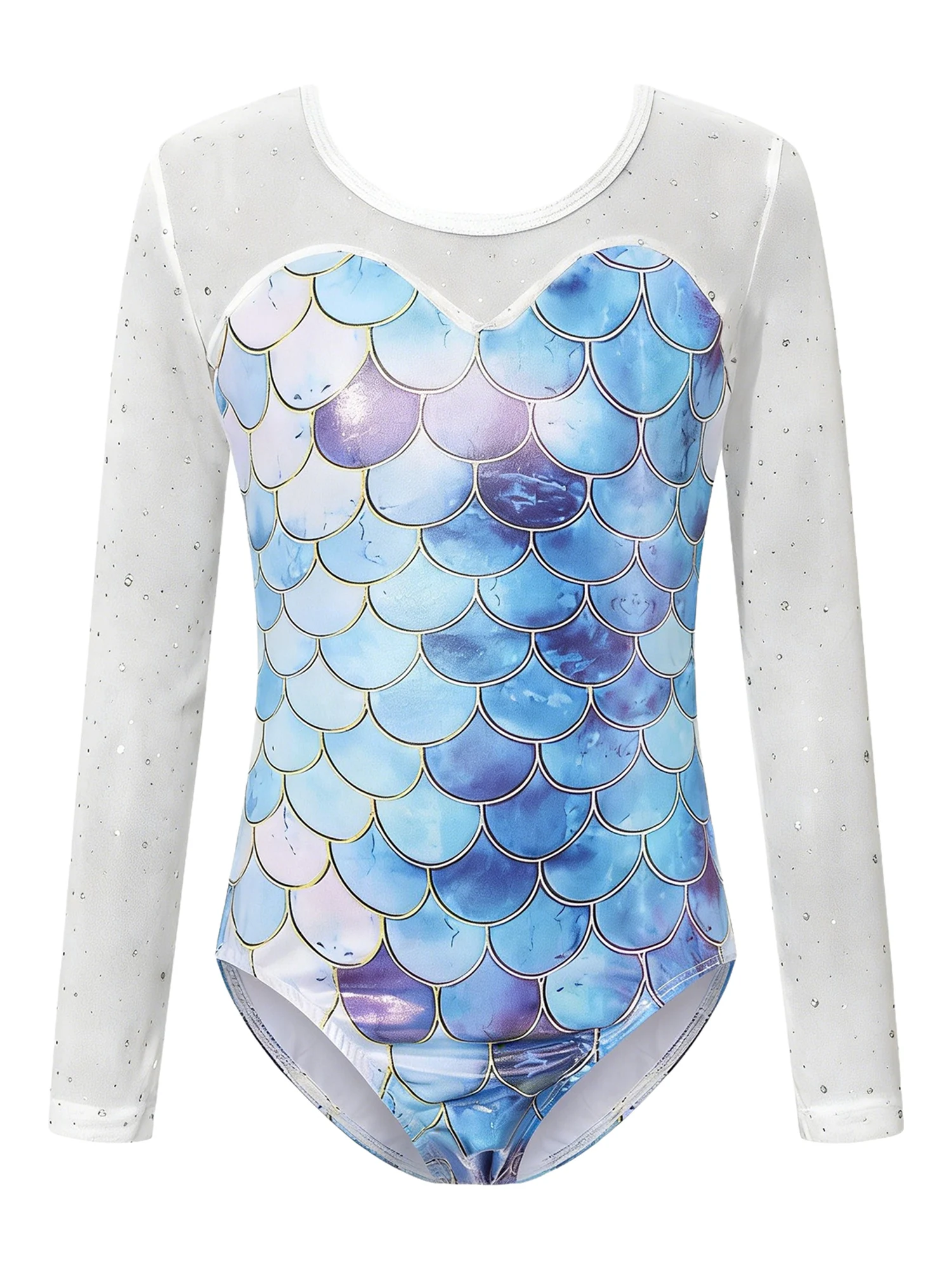 Girls Gymnastics Leotard Fish Scale Sequins Mesh Long Sleeve with Shorts Hairband Set for Dance Stage Performance