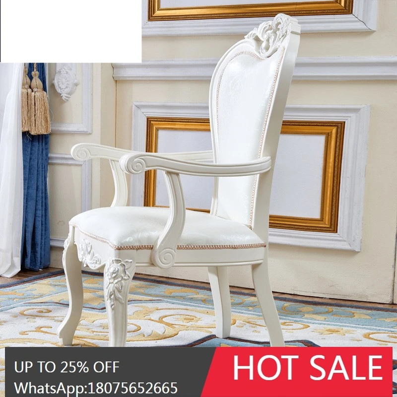 MJY Solid Wood Home French Style Leather Dining Table Armrest Soft Cushion Backrest Chair