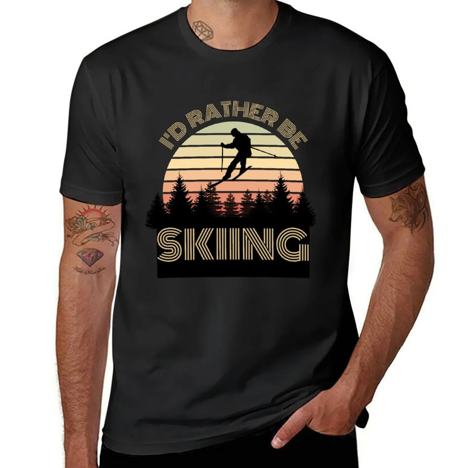 

I'd Rather Be Skiing, Vintage Sunset T-Shirt hippie clothes custom t-shirts blue lock Men's cotton t-shirt