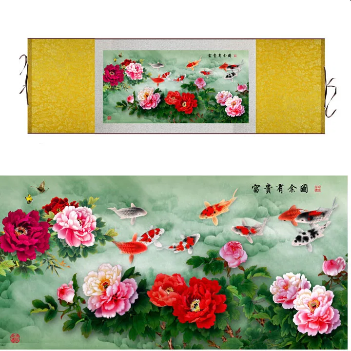 Peony  flower and fish paiting traditional Chinese art painting  silk scroll art painting