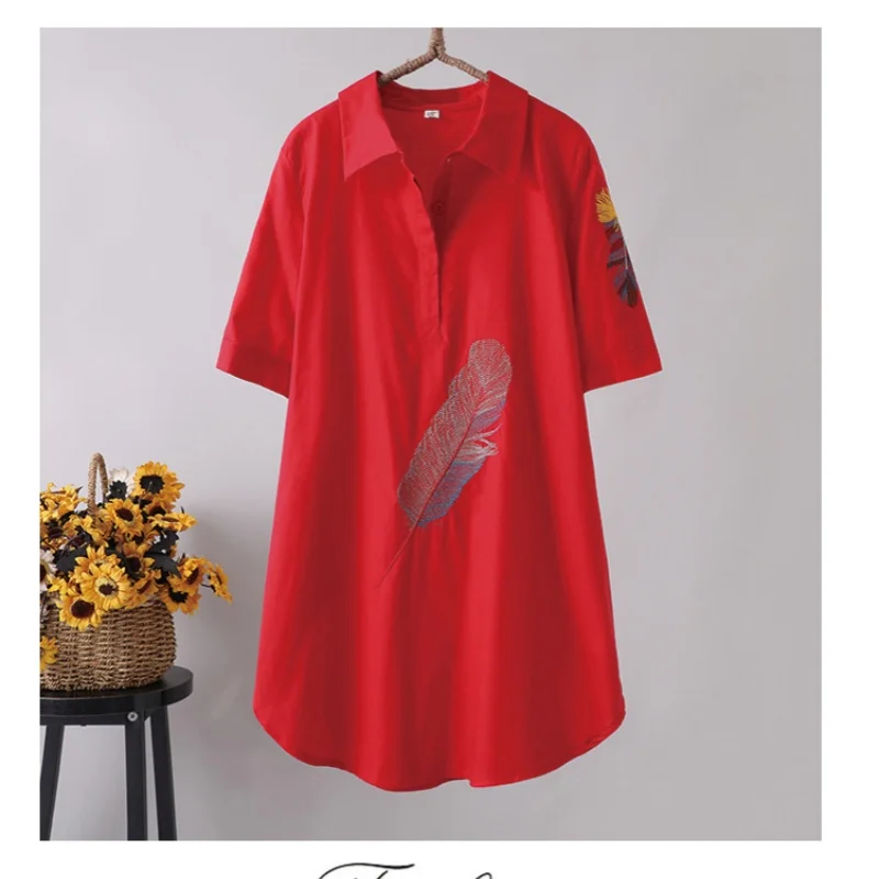 2025 Summer New Size Feather Embroidered Short Sleeve Shirt Retro Art Long Top Hooded Tops For Women