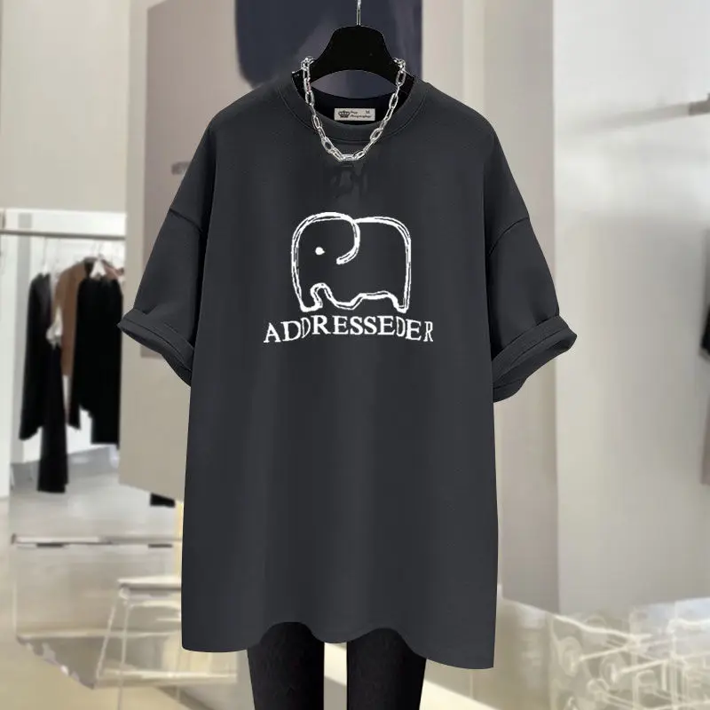 Women Clothing Cartoon Elephant Printing Short Sleeve T-shirt Summer Fashion Pure Cotton Basic O-neck Top Tee Oversized Pullover