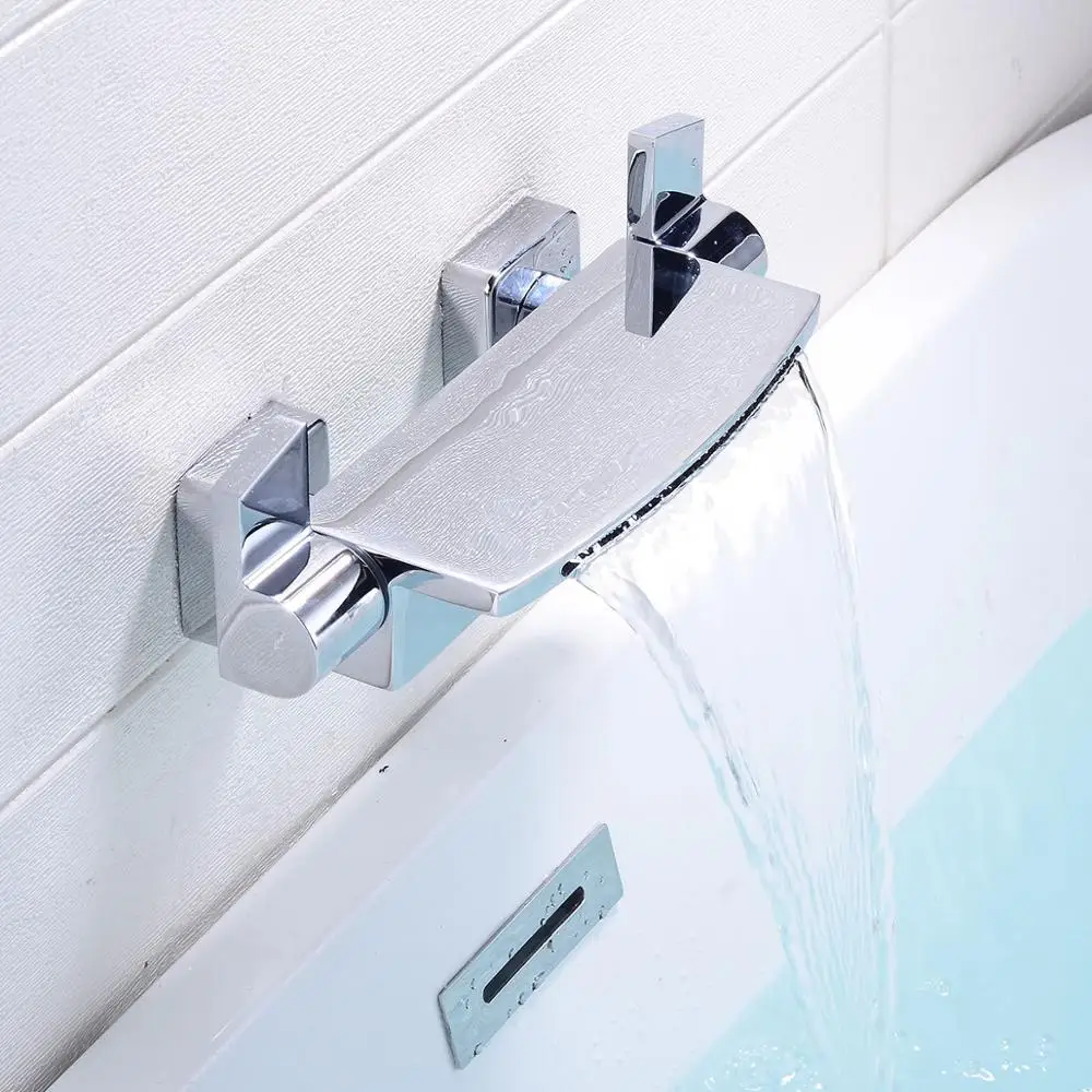 Double Handle Bathtub Faucet Set Wall Mounted Waterfall Shower Faucet with Handshower