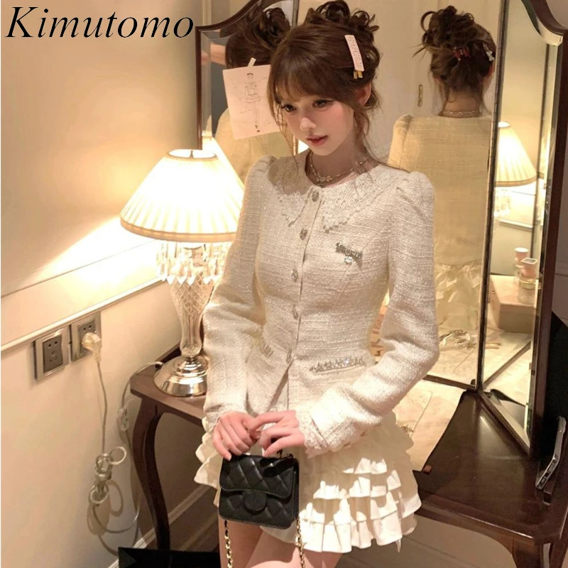 Kimutomo Two Piece Sets Womens Outfit Shiny Heavy Industry Lace Beaded Tweed Cropped Cardigan Multi Ruffles Mini Cake Skirt