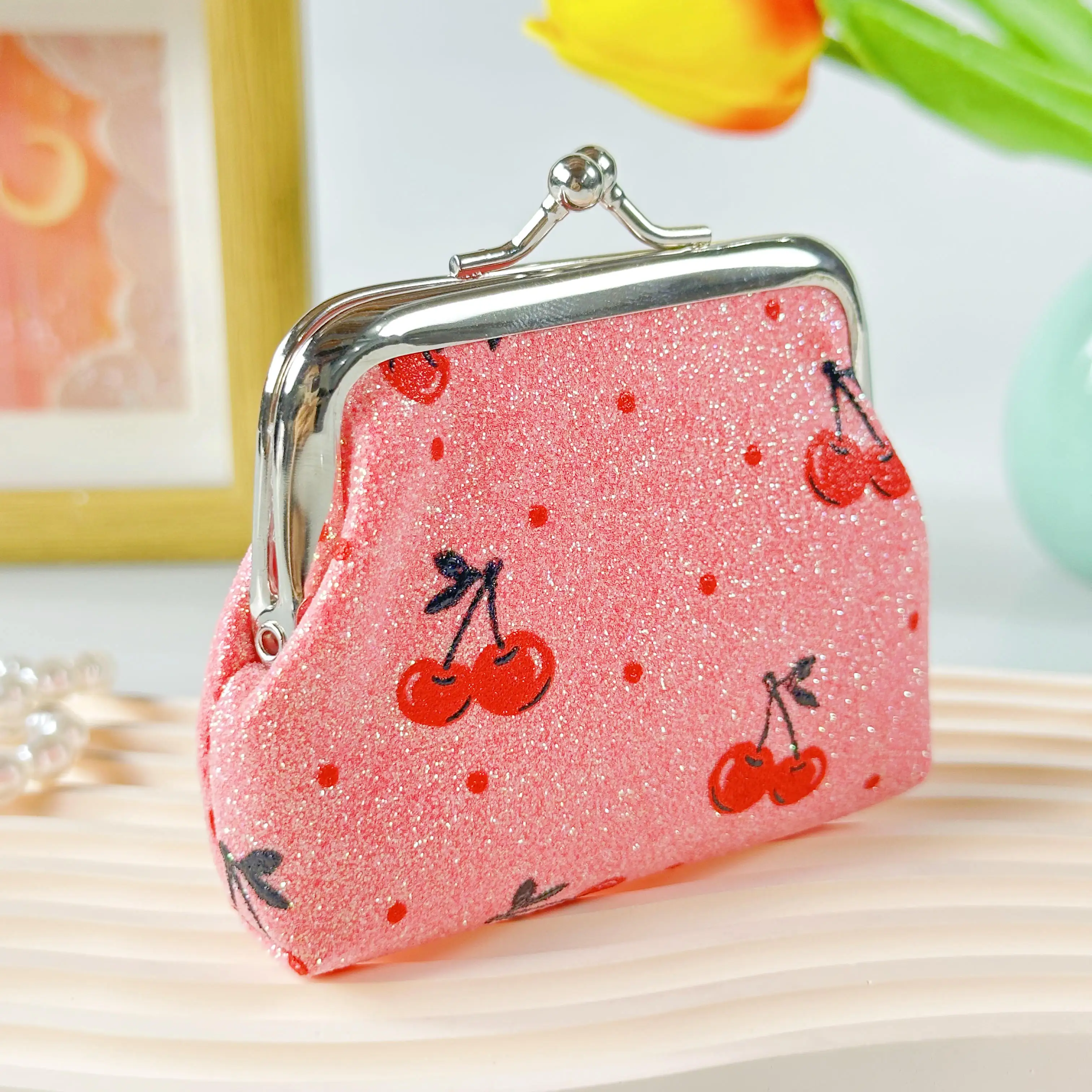 Small Cherry Printed Mini Coin Purse Clasp Small Bag Coin Purse