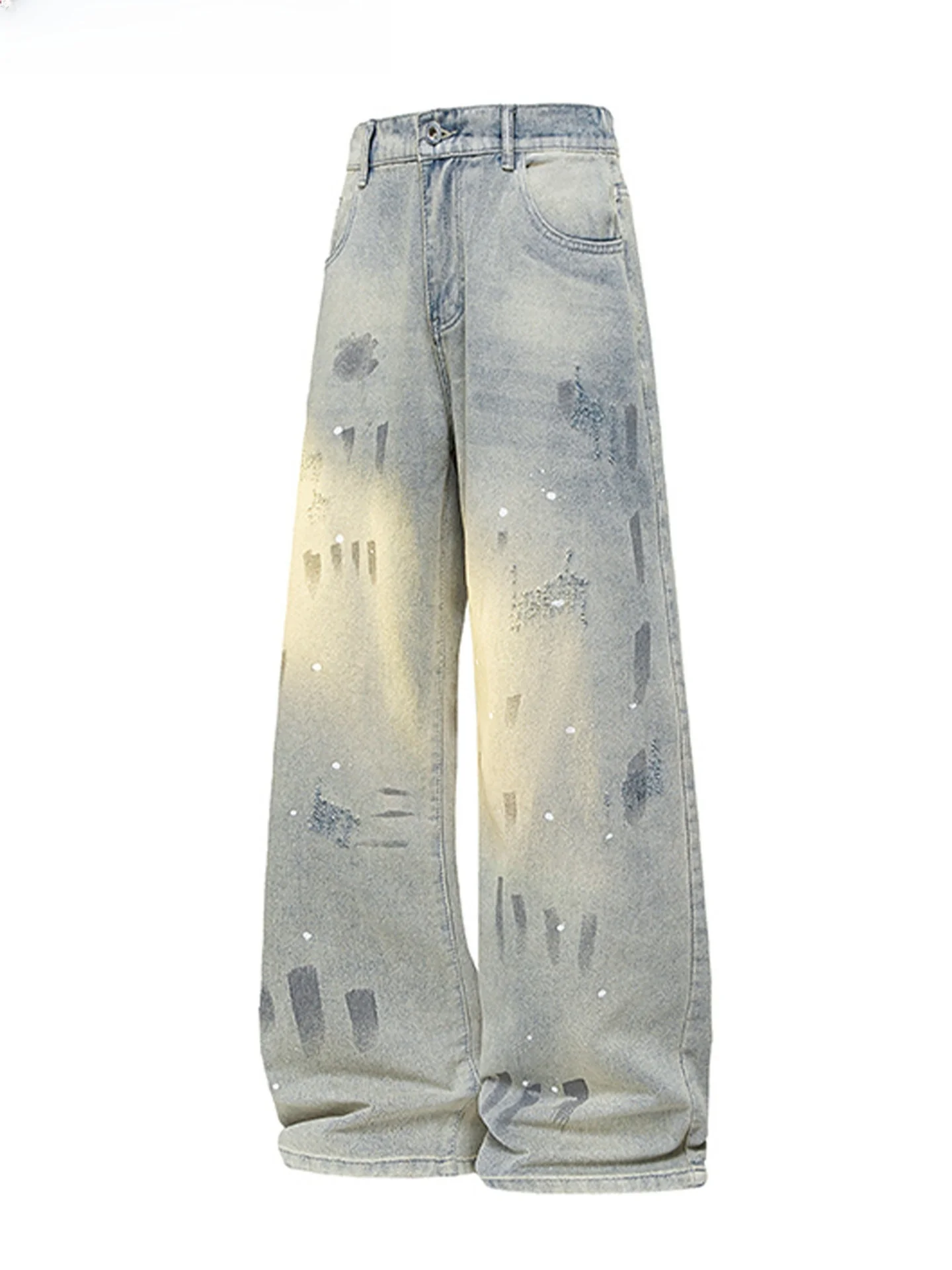 WASSUP DEION Calça Jeans Unissex de Perna Reta Lavada Tie Dye com Efeito Rasgado Estilo High Street Casual Algodão Poliéster