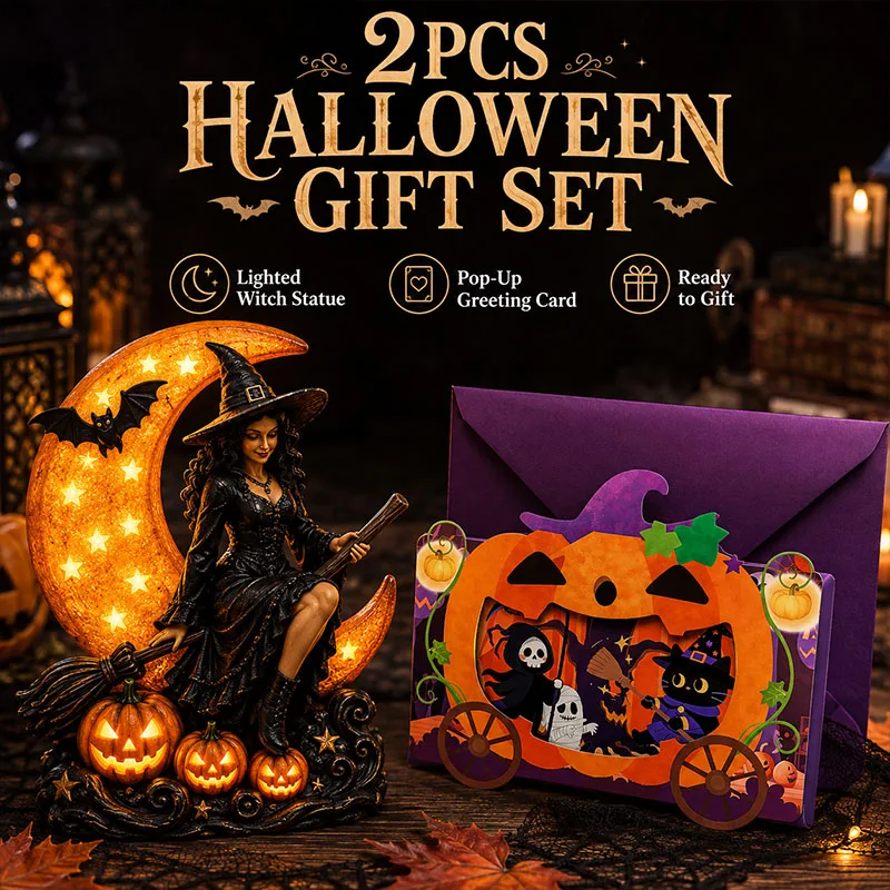 2PCS Mini Night Light Gift Box Set - Halloween Witch Moon Statue & Ornate Pumpkin Gift Card, Including Resin Ornaments with Pumpkin Lantern and Bat, Gothic Desktop Night Light for Bedroom Tables, Halloween Parties, Home Decor & Holiday Gifting