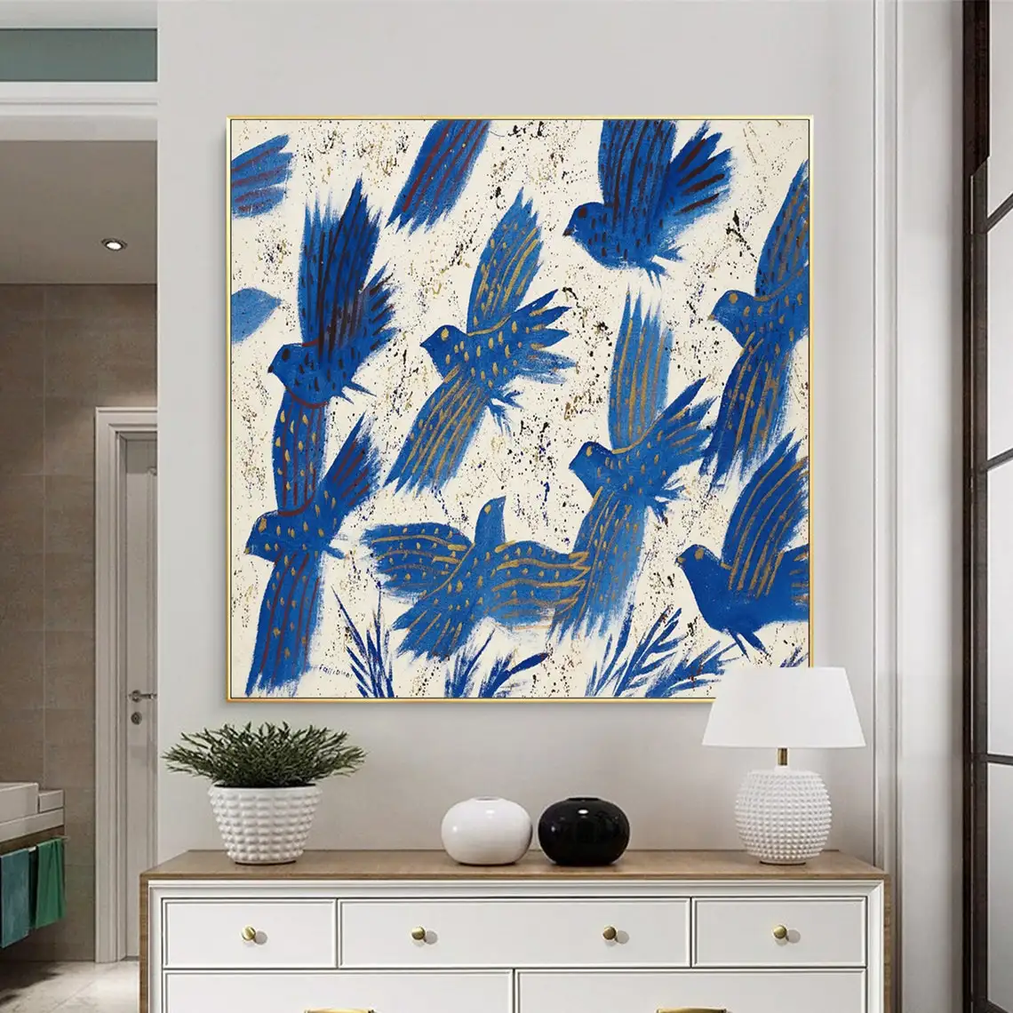 Large Peace Dove oil Painting on Canvas Abstract Blue Pigeon Flowers Landscape Large Modern Art Living Room Home Decor Wall Art