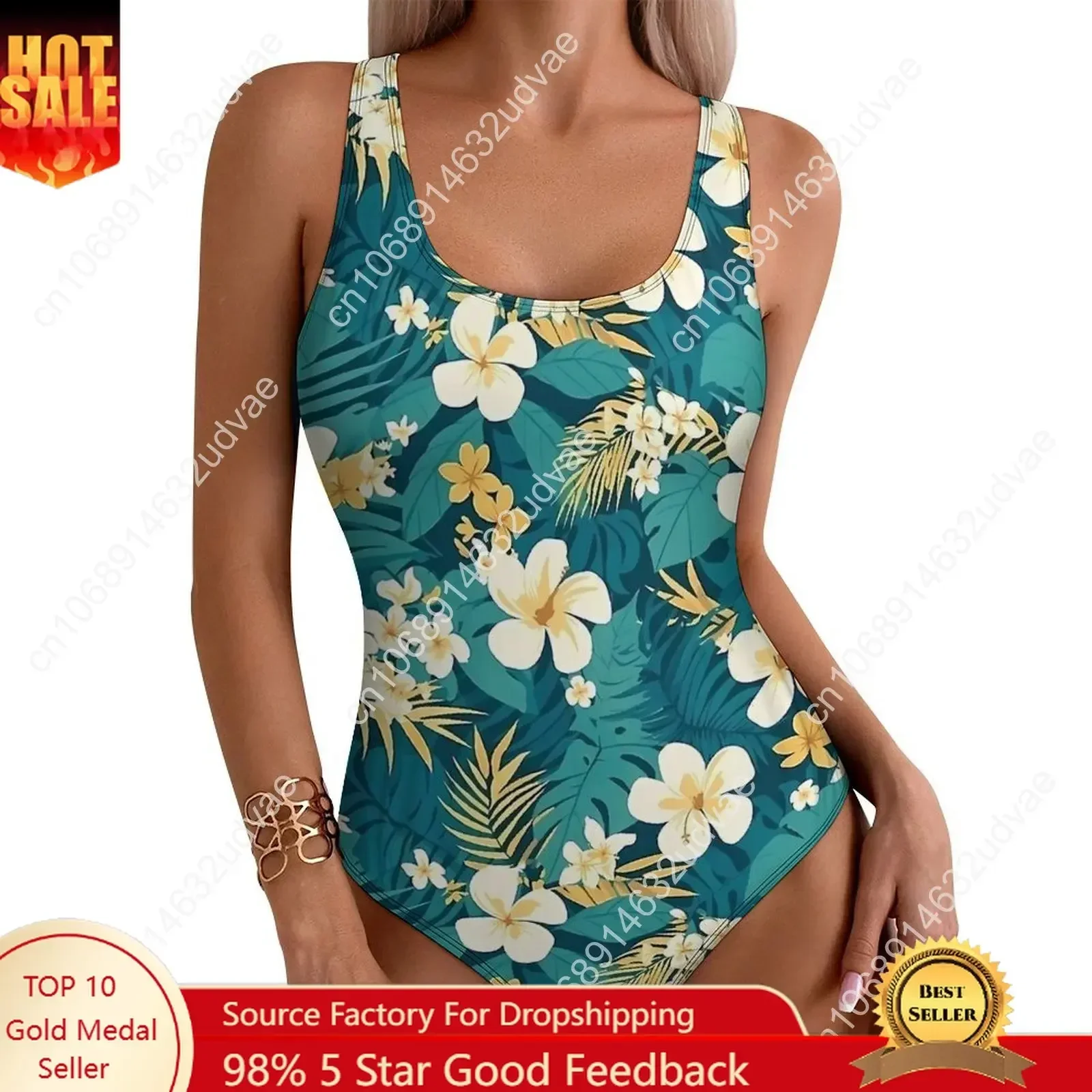 Tropical Flower Green Hawaiian Motif Swimsuit Sexy Women Swimwear One Piece Simple Bodysuit Vacation Bath Push Up Bathing Suits