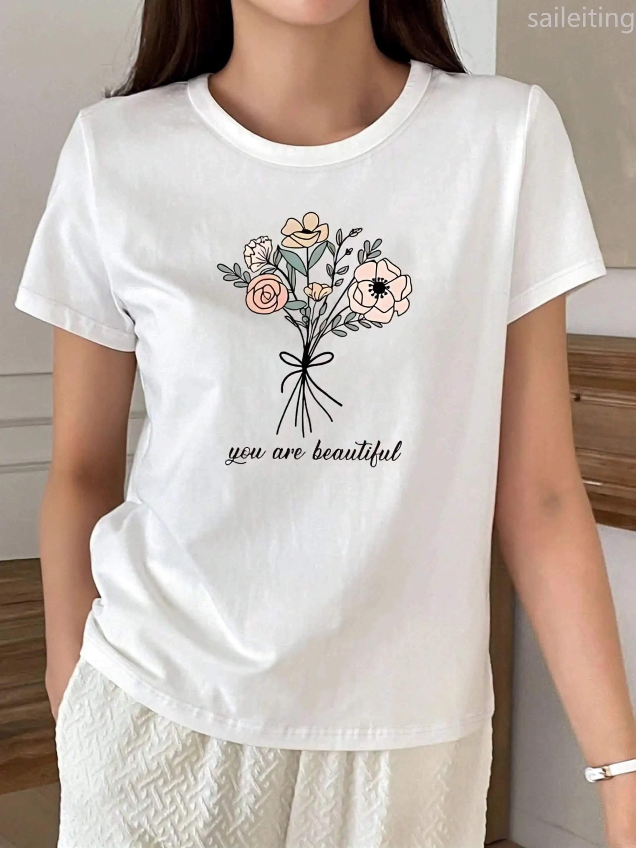 

Women'S Casual T-Shirt with Floral Print and "You Are Beautiful" Design Summer Short Sleeved Harajuku Streetwear Tops Tees