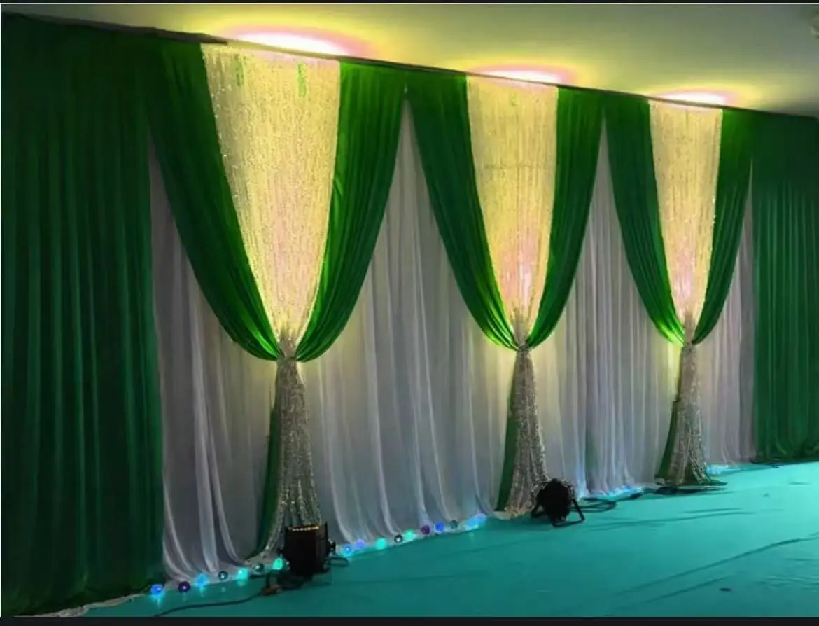 

Ice Silk Wedding Backdrop Curtain Wedding Decoration Stage Backdground Pleats Curtain 10ftX20ft(3*6m) Silver Sequins Purple Swag
