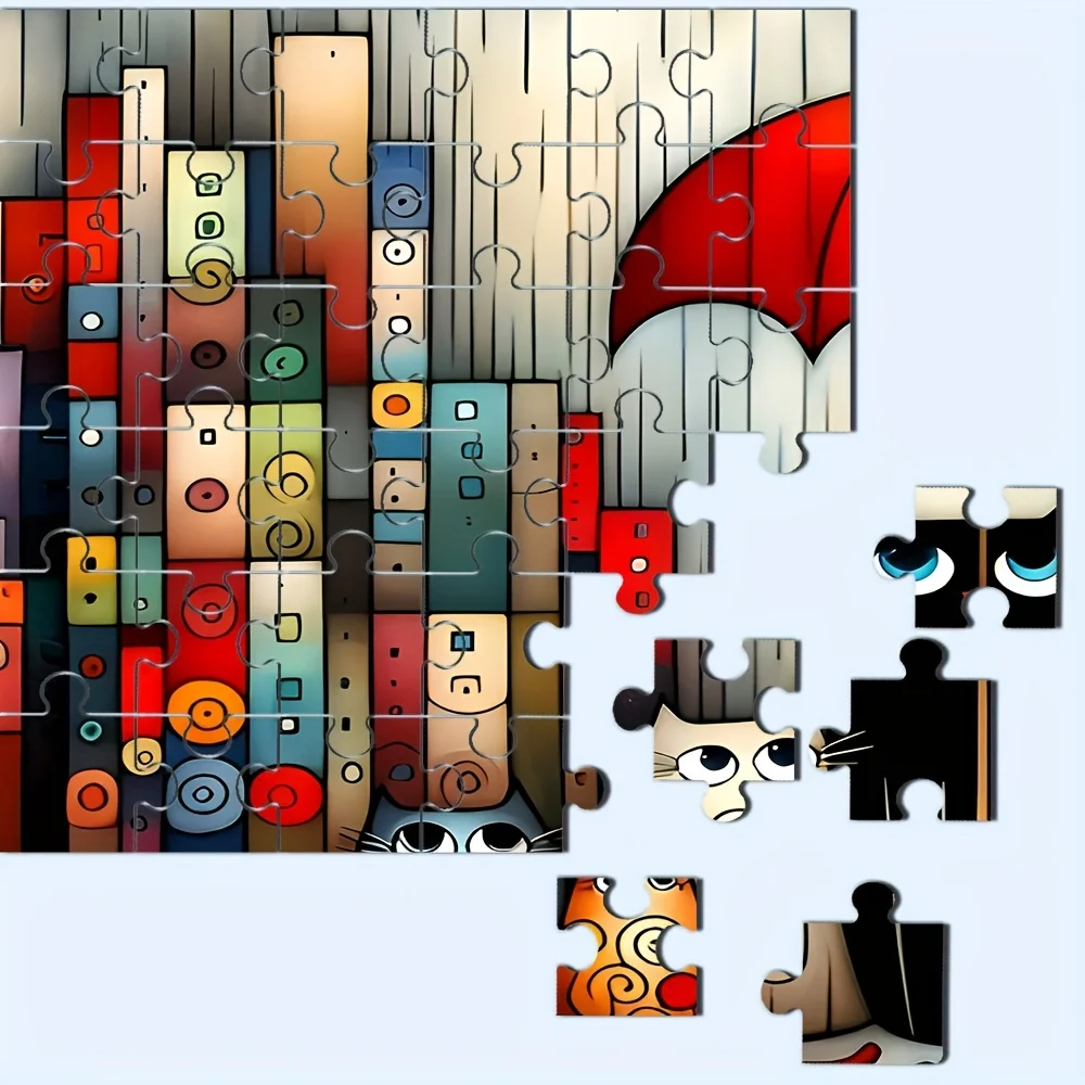 Puzzle dla dorosłych z motywem kotów pod czerwonym parasolem w deszczu w mieście, fantazyjna gra intelektualna, dekoracyjna zabawka do domu.