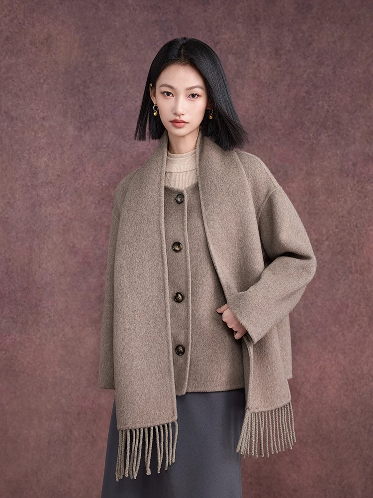 

Brown Scarf Sle Double-Faced Woolen Coat Non-Tearable Winter New Arrival by Chun e Korean Sle Loose Fit Long Sve