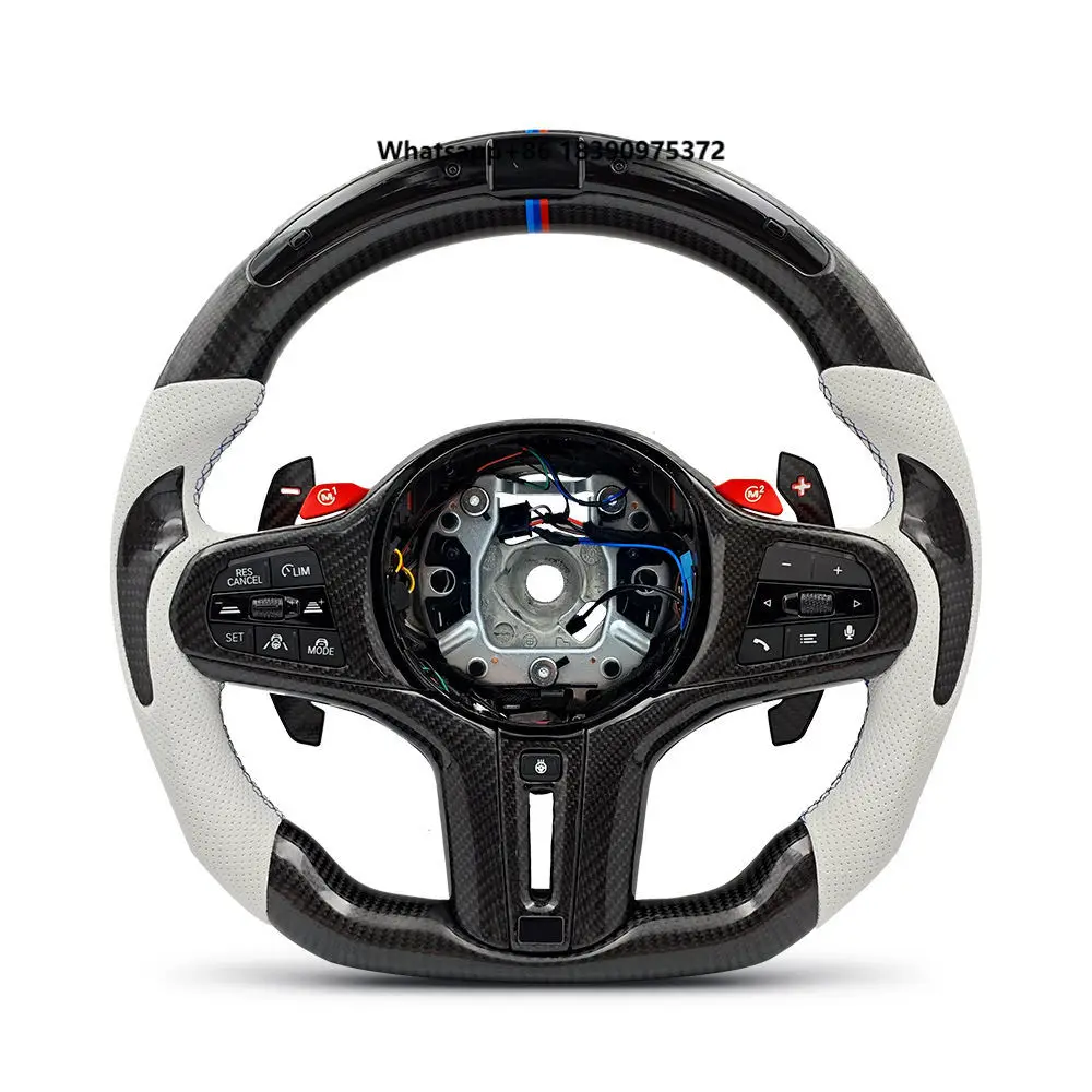 Luxury Led Carbon Fiber Button White Leather Grip Play and Plug Steering Wheel for  X5M G01 G02 G20 F21 G22 G30 G28