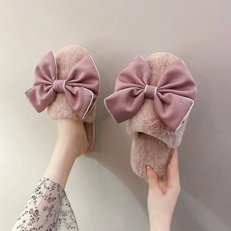 

Женские осенние новые хлопковые тапочки с высоким берцем и пушистым мехом 2025 года, нескользящие теплые домашние тапочки с закрытым носком и плоской подошвой с бантом