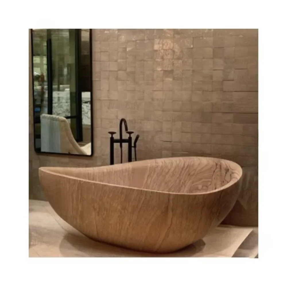 Bathroom Free-standing natural wood sandstone bathtub Surface wood grain marble bathtub
