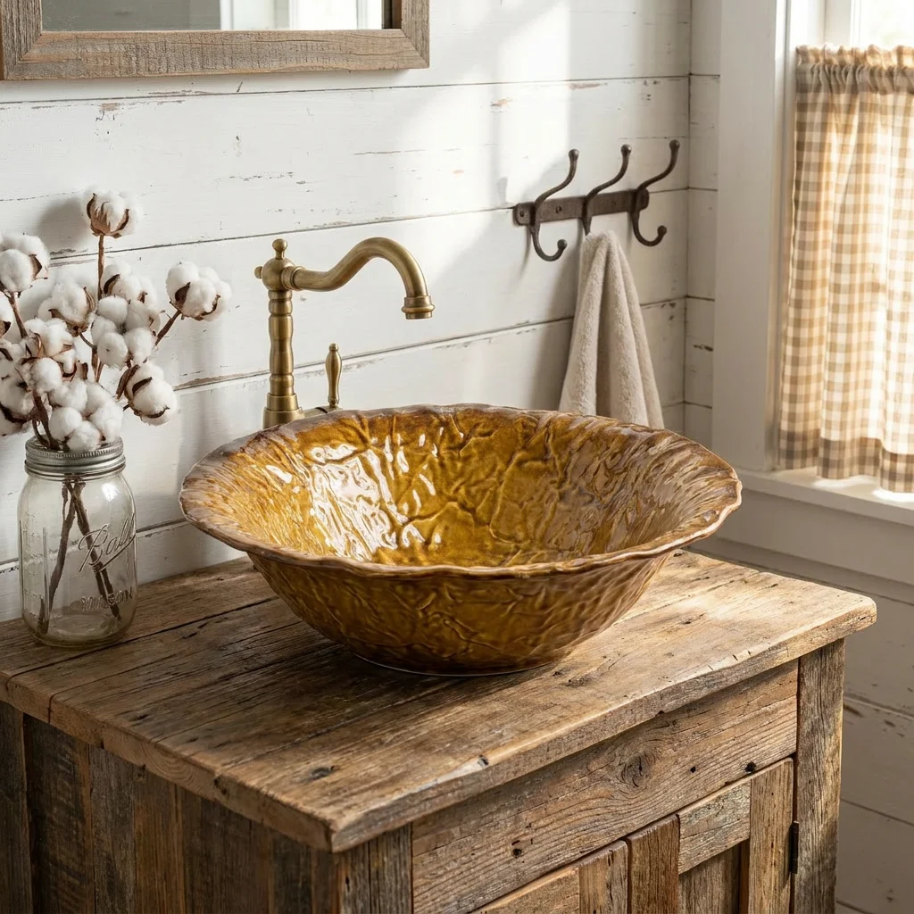 R*# Light Luxury High-End Modern Eco-Friendly Wood Grain Relief Ceramic Art Basin with Flower Shape
